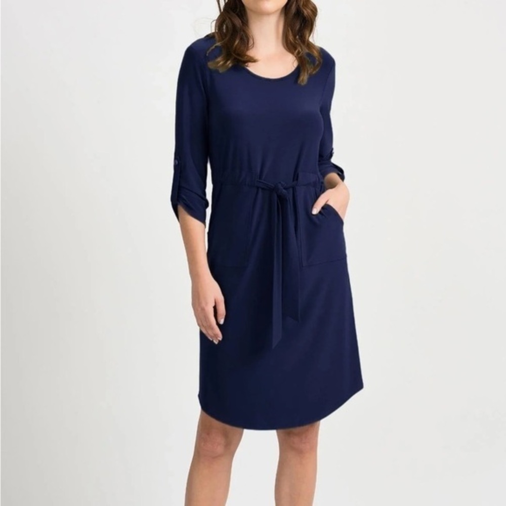 Joseph Ribkoff Navy Blue 3/4 Sleeve Tie Waist Dress Size 8